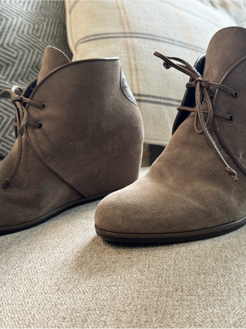 Stuart Weitzman Taupe Suede Lace-Up Wedge Booties